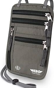 HERO Neck Wallet - RFID Blocking Passport Holder, Easy to Conceal Travel Pouch (Army Grey)