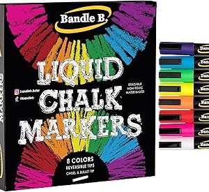 Bandle B. Chalk Markers - 8 Vibrant, Erasable, Non-Toxic, Water-Based, Reversible Tips. For Glass or Chalkboard Markers for Businesses, Restaurants, Liquid Drawing Chalk (Vibrant 6mm)