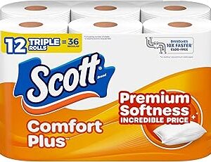 Scott ComfortPlus Toilet Paper, 12 Triple Rolls, 231 Sheets per Roll, Septic-Safe, 1-Ply Toilet Tissue