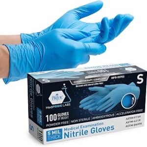 MED PRIDE Blue Nitrile Gloves Small | Box of 100 Gloves | 5 Mil | Powder-Free, Latex-Free, Exam Grade | Medical, Lab, Food Service, Tattoo, Cleaning, Dental, Chemotherapy Compliant