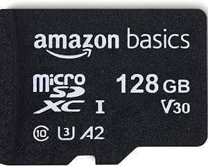 Amazon Basics microSDXC Memory Card with Full Size Adapter, A2, U3, Read Speed up to 100 MB/s, 128GB, Black