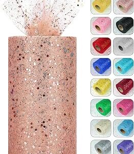 Glitter Tulle Rolls, 6” by 50 Yards (150FT) Sparkling Tulle Spool Ribbon Sequin Tulle Netting Fabric for Tutu Skirt Wedding Birthday Baby Shower (Rose Gold)