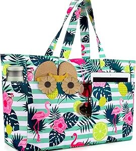 ISEYOU Extra Large Beach Bag Waterproof Beach Totes Bags for Women, Lightweight Foldable Pool Bag with Zipper Wet Compartment