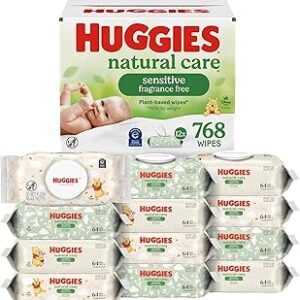 Huggies Natural Care Sensitive Baby Wipes, Unscented, Hypoallergenic, 99% Purified Water, 12 Flip-Top Packs (768 Wipes Total), Packaging May Vary