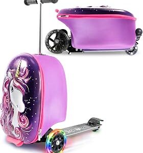 KIDDIETOTES Ride-On Scooter Suitcase for Kids – Hardside Lightweight Carry-On Luggage with Foldable Scooter, LED Wheels, Travel Fun for Toddlers & Children