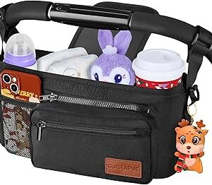 Guiseapue Universal Stroller Organizer with Cup Holder: Stroller Caddy Accessories with Detachable Phone Bag Fit for Uppababy, Non-Slip Straps, Walker Accessories, First Mothers Day Gifts for New Mom