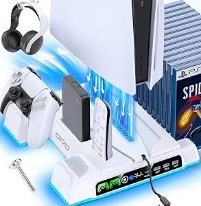 PS5/Slim/Pro Stand and Cooling Station with LED Controller Charging Station for PlayStation 5 Console, Controller Charger, Cooling Stand, PS5/Slim/Pro Skin Accessories Kit with 3 Level Cooler Fan