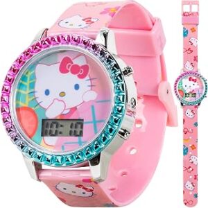 Accutime Sanrio Hello Kitty Girls' Digital LCD Quartz Watch with Pink Strap and Colorful Bezel - Fun LED Light Show - Easy to Read Time for Kids - Fits Wrist 5.5-8