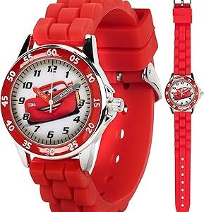 Disney Pixar Cars Kids' Time-Teaching Watch – Lightning McQueen Design with Red Silicone Strap, Easy-to-Read Dial, and Adjustable Fit for Wrists 5.5 to 8