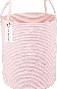 XUANGUO Cotton Rope Laundry Basket Hamper for Girls Kids Baby Nursery Hamper Bin Woven Storage Basket for Living Room Girls room Boho Tall Rope Baskets for Blanket Toys Large light pink