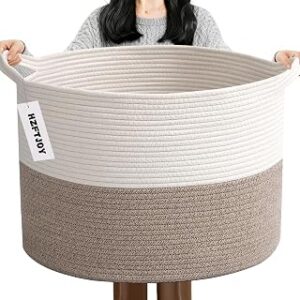 65L Large Woven Cotton Rope Blanket Basket with Handles, Laundry Hamper Storage Bin for Pillows, Clothes, Bedroom and Living Room Organization, White & Brown
