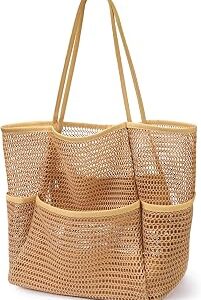 KPX Beach Bag with Mini Pocket, Summer Beach Tote Bags for Women Large Foldable Mesh Swimming Pool Travel Bags - Sandproof