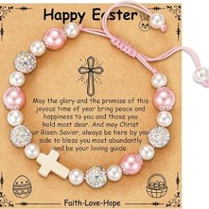Easter Basket Stuffers for Girls Teens Boys Kids, Cross Natural Beads Bracelet Christian Religious Baptism First Communion Confirmation Jewelry Gifts