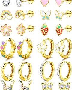 YADOCA Hypoallergenic Flat Back Earrings for Girls Women - Surgical Stainless Steel Toddler Kids Baby Earrings for Sensitive Ears Cute Screw Back Girls Earring 14K Gold Plated Flatback Stud Earring Hoops