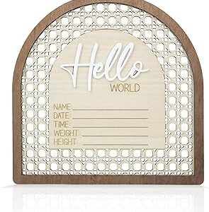 Baby Announcement Sign 6.5 Inch Wooden Hello World Newborn Welcome Sign Birth Name Plaques for Photo Props Shower Hospital Nursery (White)