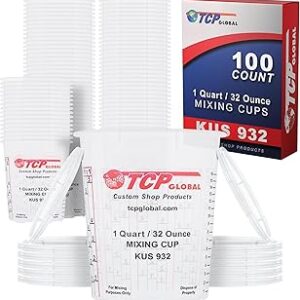 Custom Shop Paint Mixing Cups, 32-Ounce (Box of 100) - Plastic Measuring Cups for Liquids, Automotive Painting, Epoxy Resin, Acrylic Arts, Crafts, Disposable or Reusable, Graduated, Mixing Ratios