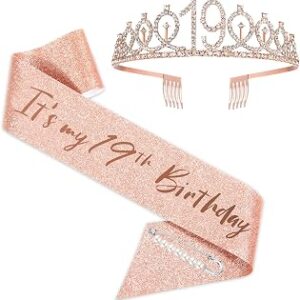 BRT Bearingshui Rose Gold 19th Birthday Sash, Tiara and '19 & Fabulous' Party Favor Supplies for Girls