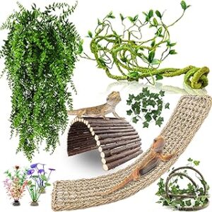 RUNANIA Bearded Dragon Tank Accessories, 10 PCS Reptile Hammock Plants Bridge Jungle Climber Vines for Snakes Bearded Dragon Chameleon Gecko Lizard
