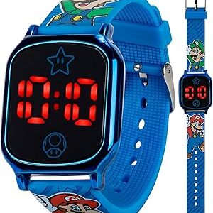 Super Mario Kids Touch-Activated LED Watch - Digital Time Display, Blue Alloy Case, Soft Silicone Strap, Fun Mario & Luigi Design - Fits Wrists 5.5 to 8
