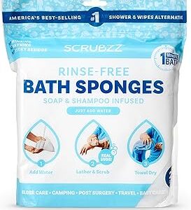 Scrubzz Disposable Rinse Free Bathing Wipes - 25 Pack - All-in-1 Single Use Shower Wipes, Simply Dampen, Lather, and Dry Without Shampoo or Rinsing