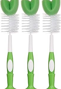Amazon Brand - Mama Bear Baby Bottle Brush with Nipple Cleaner and Suction Cup Stand, White (Pack of 3)