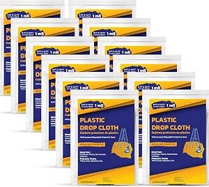 Drop Cloth Painters Plastic Sheeting - Plastic Drop Cloths for Painting, 9 x 12 Feet Paint Drop Cloth Tarp, Clear Plastic Tarp Cover, 1 Mil Thick Plastic Sheeting, Multi-Purpose Use (12 Pack)
