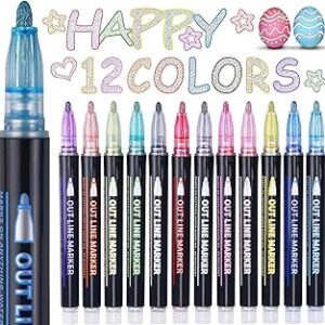 Yangmei Outline Glitter Markers, Teen Girl Gifts Trendy Stuff, Art Supplies for Kids 6-8 9-12, Crafts for Girls 8-12, 12 Self Outline Metallic Markers, Gift for 4-12 Year Old Girls Birthday Gift