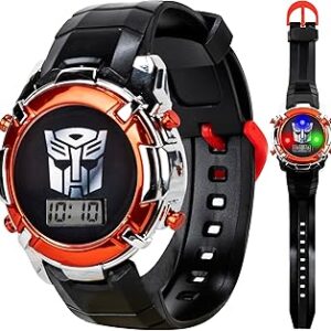 Transformers LCD Digital Watch for Kids - Iconic Autobot Design, Flashing LED Lights, Black and Red Durable Strap, Comes in Collectible Tin Box