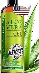 Seven Minerals Organic Aloe Vera Gel from freshly cut 100% Pure Aloe - Big 12oz - HighestQuality, Texas grown, Vegan, Unscented - For Face, Skin, Hair, Sunburn relief