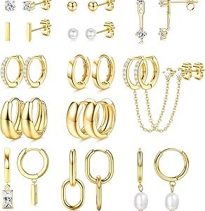 BESTEEL 13 Pairs Small Stud Hoop Earrings Set for Women Hypoallergenic Gold Plated Huggie Hoops Pearl Dainty Lightweight Earrings for Gift