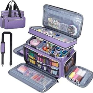 Anitor Large Sewing Supplies Organizer, Double Layer Sewing Storage Organizer with Two Detachable Dividers, Travel Sewing Bag Organizer with Shoulder Strap for Accessories, Purple, (Bag Only)
