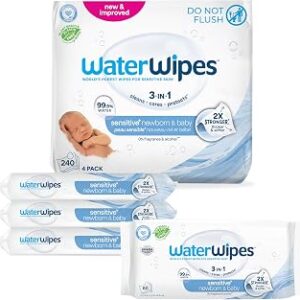 WaterWipes Sensitive+ Newborn & Baby Wipes, 3-In-1 Cleans, Cares, Protects, 99.9% Water, Unscented & Hypoallergenic, 240 Count (4 Packs)