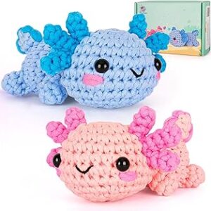 Crochetta Crochet Kit for Beginners, Beginner Crochet Starter Kit w Step-by-Step Video Tutorials, Learn to Crochet Kits for Adults Women Men, DIY Knitting Supplies, Axolotls (Blue and Pink)