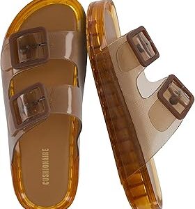 CUSHIONAIRE Pool Slides For Women Waterproof Double Buckle Adjustable Slip-On Womens Sandals For Beach Shower Casual Wear