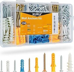 KURUI Drywall Anchors Assortment Kit for Sheetrock Concrete Brick, 350Pcs Wall Anchors and Flat Head Screws, 5 Sizes Picture Hanging Set for Bedroom/Office Wall Art Decor, House Warming Gifts New Home