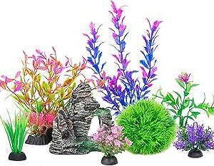 Ameliade Aquarium Artificial Plastic Plants Decorations and Rock Cave Decor Set Goldfish Betta Fish Tank Accessories Small Large Fish Bowl Ornaments