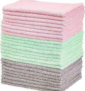 Amazon Basics Microfiber Cleaning Cloths, Ultra-Soft and Highly Absorbent, Streak-Free, Lint-Free, Scratch-Free, Washable, for Car Detailing and Glass Cleaning, 16 x 12, Green/Gray/Pink, 24-Pack