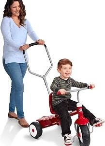Radio Flyer Deluxe Steer & Stroll Trike, Red, for Kids 2-5, 2-in-1 Parent Steer Tricycle, Removable Push Handle, Adjustable Seat, Steel Frame, Covered Storage Bin, Tricycle for Toddlers and Kids