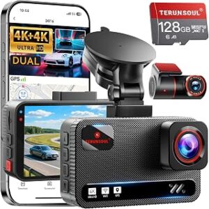 4K+4K Dash Cam Front and Rear, Free 128GB Card Included, 5.8GHz WiFi Dash Camera for Cars, Built-in GPS, G-Sensor, 170°Wide Angle, 3 IPS Screen, 24H Parking Mode, Support 512GB Max