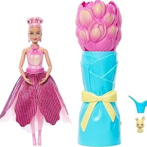 Barbie Petal Pop Scented Doll with Pink Tulip Dress & Accessories, Bouquet Reveal with Pet Bunny & Surprises Like Watering Can, Necklace & Earrings