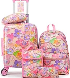 Rosamo Kid’s Luggage Set 6 Piece Suitcase Set 16’’ Hardside Luggage with Spinner Wheels Girls Boys Carry on Luggage Travel Rolling Luggage Airline Approved