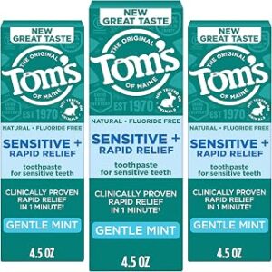 Tom’s of Maine Rapid Relief Plus Sensitive Toothpaste, Fluoride Free, 4.5 Oz, 3 Pack, Sensitive Teeth Toothpaste, Enamel Safe, Builds Arginine and Calcium Shield Around Teeth, Gentle Mint