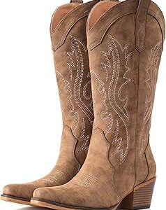 IUV Cowboy Boots For Women Western Cowgirl Boots with Chunky Heel Mid Calf Snip Toe Ideal for low insteps