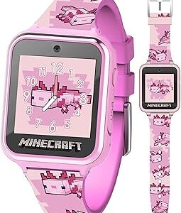 Minecraft Kids Smartwatch – Pink Axolotl Design, 10 Watch Faces, Step Counter, Selfie Camera, Calculator, Games, Voice Recorder, Alarm & Timer, Printed Silicone Straps – Fits Wrists 5.5-8.0