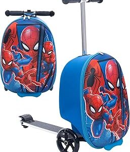 Fast Forward Spiderman Scooter Suitcase for Kids – 18” Lightweight Spiderman Luggage for Girls – (Luggage 11lbs and Scooter 100lbs)