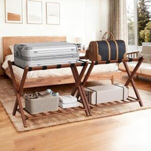 Walnut Luggage Racks Set of 2, Bamboo 26.77 Luggage Rack Stand for Guest Room, 5 Nylon Straps, Foldable Suitcase Stand with Storage Shelf for Bedroom Hotel, Holds up to 165 Lbs