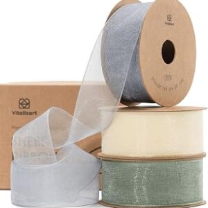 Vitalizart Organza Sheer Ribbon Set 1 inch x 30 Yd Handmade Fabric Ribbons for Gift Wrapping Christmas Tree Crafts Bows Wedding Invitations Wreaths Wrap Cream White Dusty Blue & Green