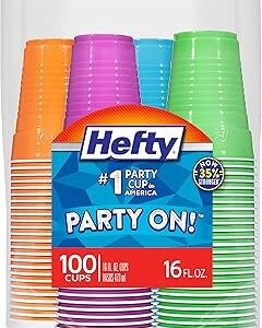 Hefty Party On Disposable Plastic Cups, Assorted, 16 Ounce, 100 Count