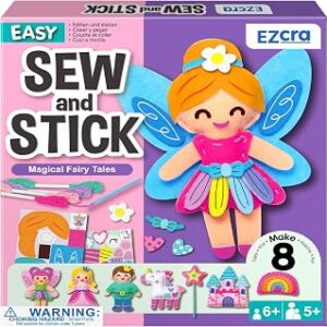 EZCRA Fairy Sewing Kit for Kids - 8-in-1 Kids Sewing Kit - Easy to Do Craft Kits for Ages 4-8 - Sewing Crafts - Extra Felt Stickers for Decoration - No Mess with Full Instructions