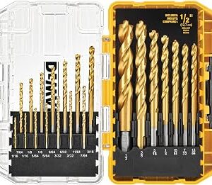 DEWALT Drill Bit Set, 21 Pc. Titanium Nitride Coated Pilot Point DEWALT Bit Set with Case for Wood, Metal and Plastic (DW1361)